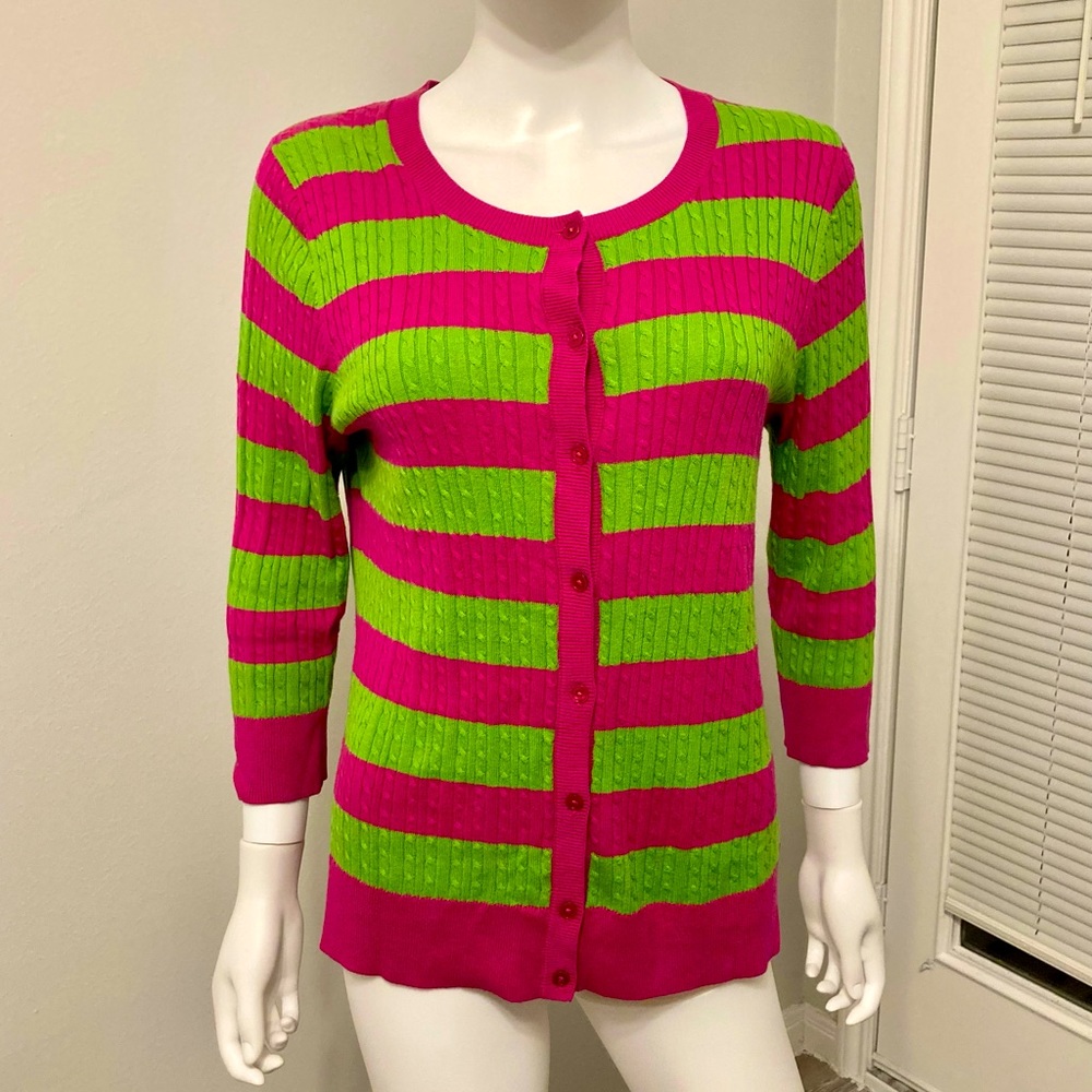 💥💥🔥HP🔥💥💥Talbots Women's Green/Pink Stripe Cardigan SZ-Lp